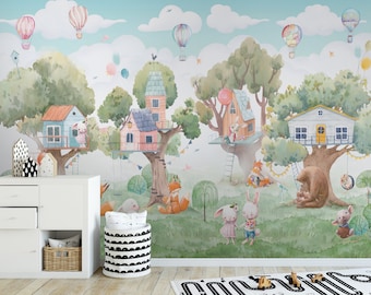 Watercolor Forest Animals Wallpaper - Removable Peel and Stick Wall Mural