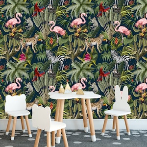 Carta da parati rimovibile per animali della giungla, autoadesiva, buccia e bastone, murale a parete, Safari murale fiori e alberi stanza per bambini nursery walldecor
