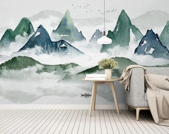 Watercolor Chinese style Mountains Peel and Stick Removable Wallpaper, Self Adhesive mountains wall Mural Living room, bedroom wallpaper