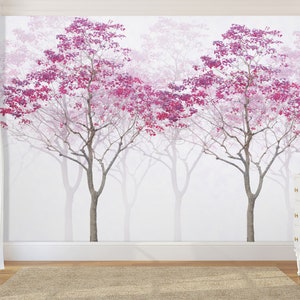 two trees with pink leaves removable wallpaper Peel and Stick Wall Mural - Self Adhesive wall art pink trees for home bedroom wallpaper