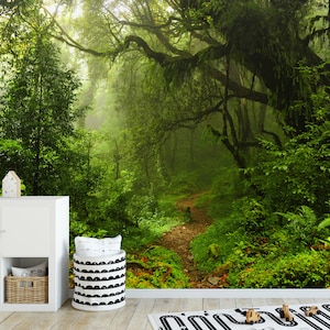 Green Forest Wallpaper Fantasy Enchanted mural Enchanted Magical Forest - Large Wall Mural, Self-adhesive Fabric Wallpaper, Peel & Stick