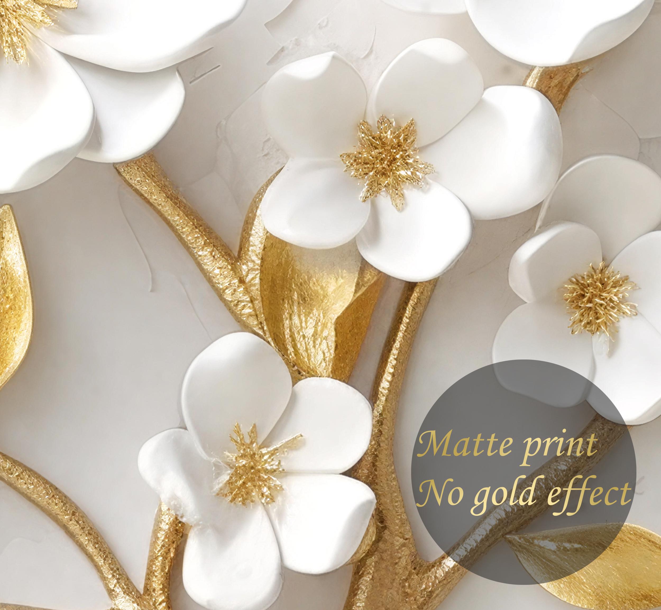 Luxury 3D Floral Wall Mural, White and Gold Flower Wallpaper, Elegant ...