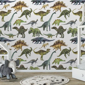 Hand drawn dinosaurus removable wallpaper,Self Adhesive Peel & Stick Nursery Decor, Dinosaur Kids room wall mural, Children boy wallpaper