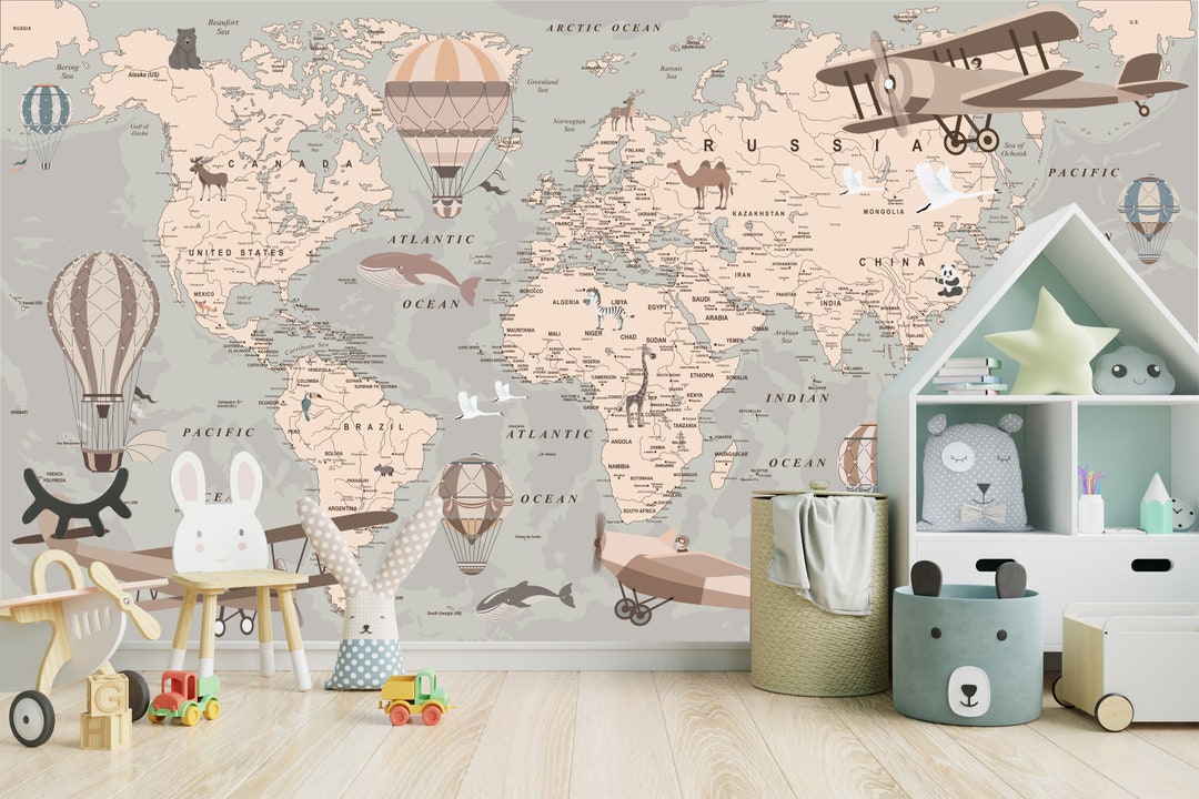 Animal World Map Wallpaper Mural: Peel & Stick Kids Room Decor - Etsy