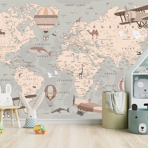 World Map Wall mural , Kids Map with animal map wallpaper, Nursery Wall art removable wallpaper self adhesive Peel and Stick Cover Kids Room