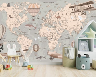 World Map Mural mural , Mapa de niños con papel tapiz de mapa de animales, Nursery Wall arte papel tapiz extraíble autoadhesivo Peel and Stick Cover Kids Room