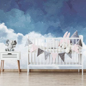 Pastel Blue Sky Wallpaper: Watercolor Clouds, Peel and Stick Nursery Decor
