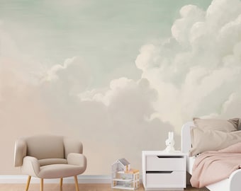 Hand painted sky clouds removable fabric wallpaper pastel clouds wall mural nursery wall decor wallpaper, peel and stick, self adhesive