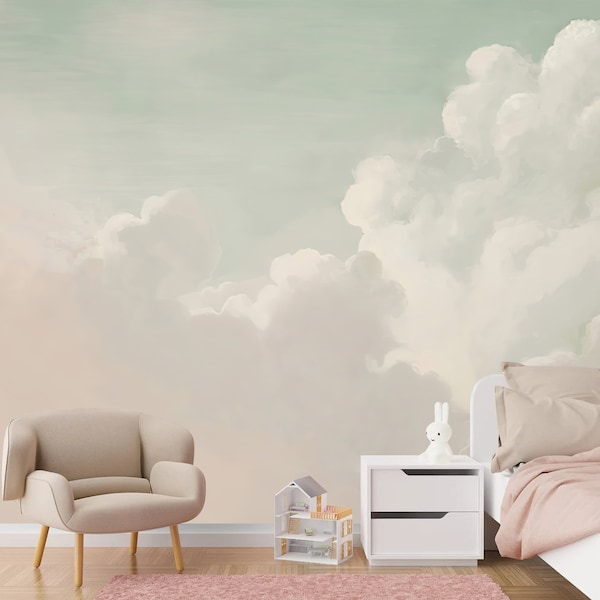 Hand painted sky clouds removable fabric wallpaper pastel clouds wall mural nursery wall decor wallpaper, peel and stick, self adhesive