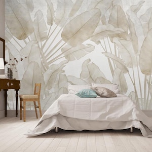 Carta da parati rimovibile con foglie di banana beige morbido, alberi tropicali e foglie, murale da parete autoadesivo, decorazione da parete per la cameretta dei bambini