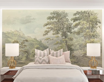 Pastoral Countryside Mural Wallpaper: Vintage Tree Landscape Peel & Stick