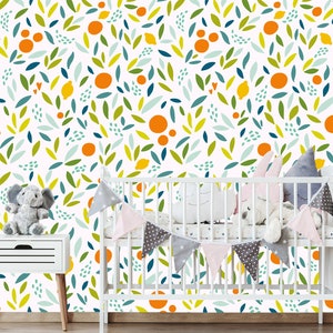 Carino limone e arancia carta da parati rimovibile Buccia e bastone autoadesivo Nursery parete Murale Bella colorata limoni e foglie decorazione carta da parati