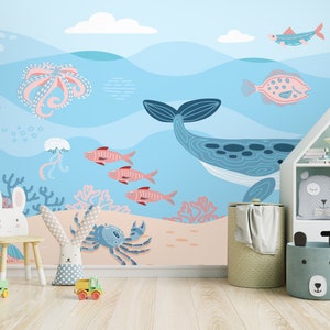 Undersea Peel and Stick Wallpaper: Ocean Fish, Marine Animals, Kids Room