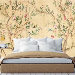 Cineseria Carta da parati rimovibile Peel Murale e Stick Birds Tree Wall Spring Fiori Uccelli sullo sfondo giallo Autoadesivo floreale
