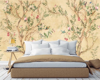 Chinoiserie Removable Wallpaper Mural Peel and Stick Birds Tree Wall spring Flowers Birds on The Yellow Background Floral Self Adhesive