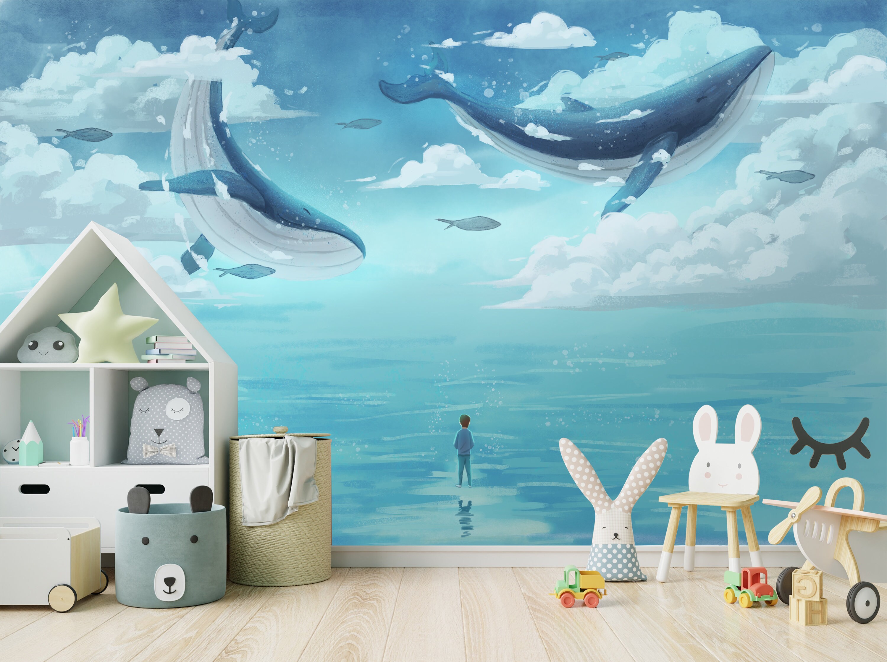 Blauwal und Wolken Wanddeko Kinderzimmer Wal Tapete, Wal Tapete, Kinder-Schlafzimmer-Wanddeko zum Abziehen und Aufkleben