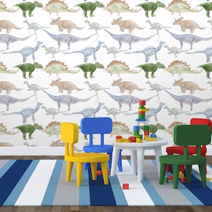 Watercolor Dinosaur Wallpaper: Peel & Stick Kids Room Wall Mural
