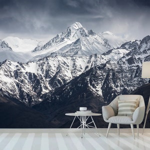 Papier peint amovible de mur de montagne de neige, montagnes de ciel bleu peler et coller l'affiche de mur, sticker mural pour un salon auto-adhésif