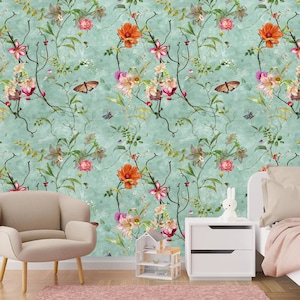 Carta da parati floreale vintage dipinta a mano, motivo fiori e uccelli, buccia e bastone, autoadesivo, carta da parati rimovibile, decorazione murale