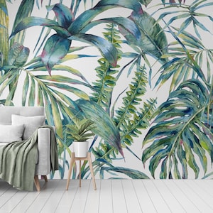 watercolor green tropical leaves Removable Wallpaper-Peel and Stick Wallpaper-Natural leaves Wall Mural- Self Adhesive for Living Room