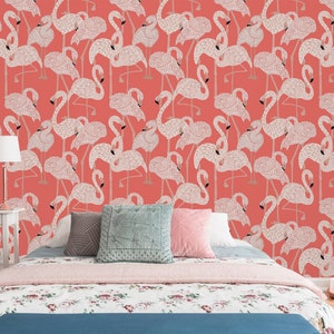 pink flamingos removable wallpaper self-adhesive peel and stick, flamingos wall mural  poster kids room nursery Wallpaper