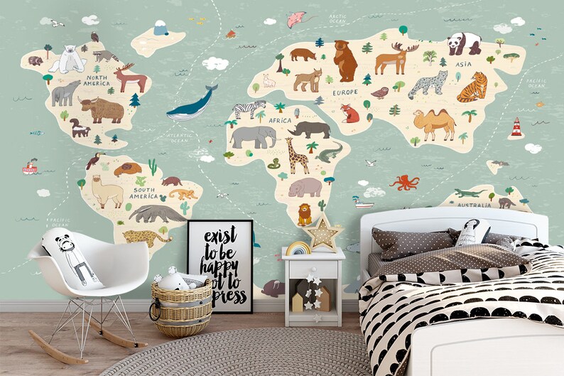 Animal World Map Wallpaper Mural: Peel and Stick Kids Room Decor - Etsy ...