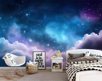 Night sky with clouds removable fabric wallpaper nursery wall decor wallpaper, self adhesive fantastic starry sky wallpaper Peel and Stick