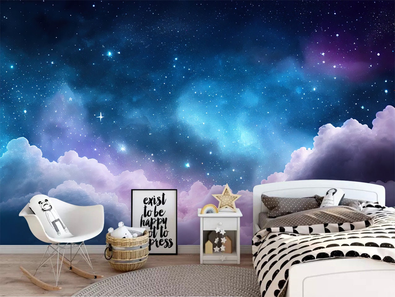 AMAZING WALL Home Glitter Night Sky Sparkling Stars Nursery Room Girls Boys  Printed Wallpaper Self Adhesive Bedroom