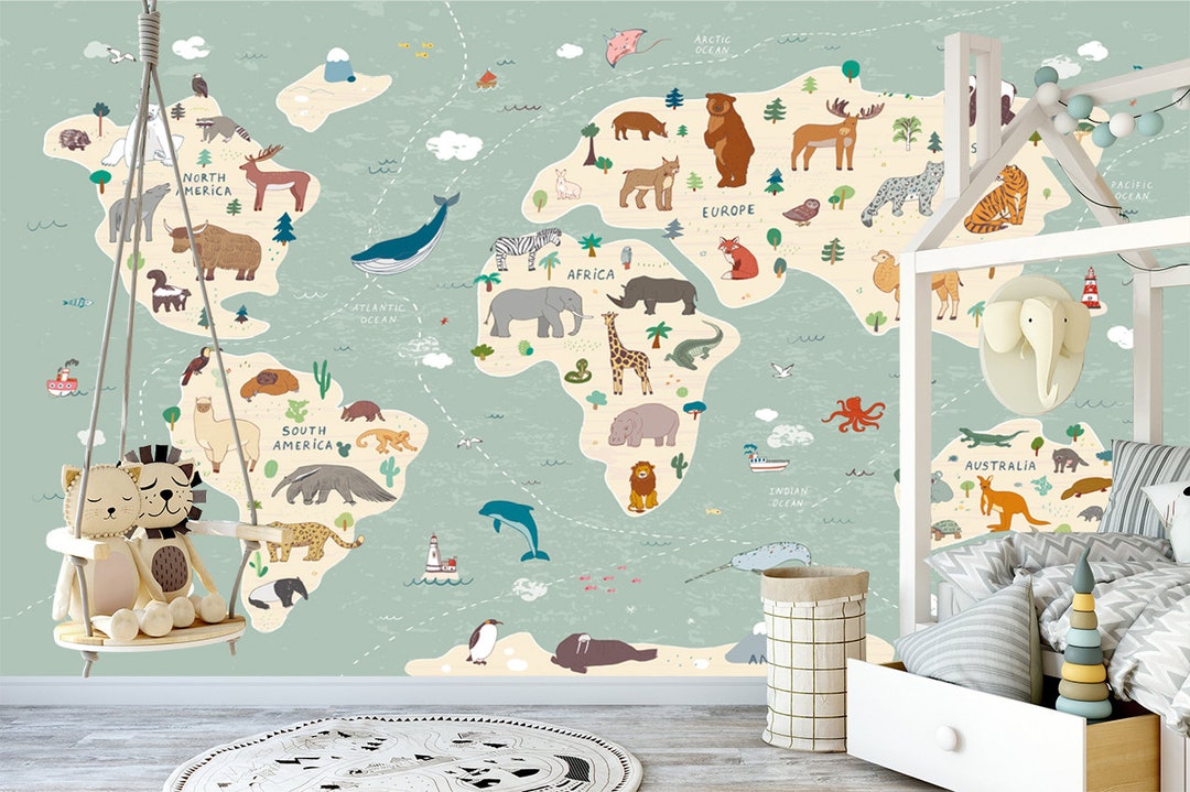 Animal World Map Wallpaper Mural: Peel and Stick Kids Room Decor - Etsy