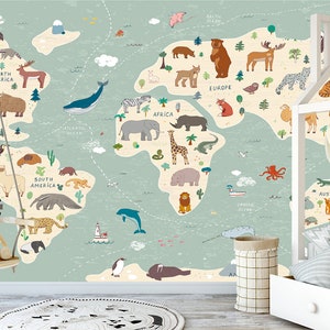 Handgezeichnete Tier Welt Karte Wandbild, Kinderzimmer Tapete, Kinderzimmer Wand Kunst abnehmbare Tapete selbstklebende Peel and Stick Cover Dekor