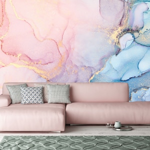 Watercolor Abstract Wallpaper: Pink & Blue Alcohol Ink Peel and Stick Wall Mural