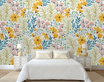 colorful floral wallpaper Temporary wallpaper Self Adhesive Peel and Stick Watercolor wild leaves nursery wall for Bedroom Wallpaper