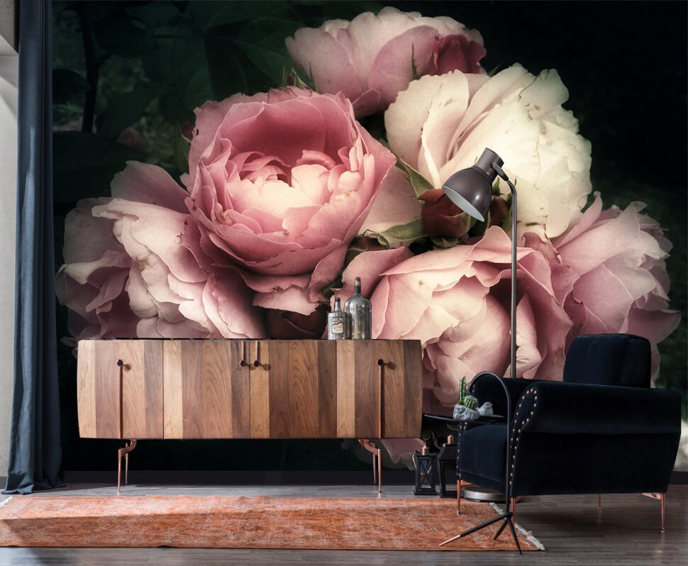 Dark Floral Peony Wallpaper Mural: Peel & Stick Fabric, Removable - Etsy