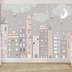 Cute cityscape hand drawn Wall mural , Kids Nursery city wallpaper, Nursery Wall art removable wallpaper self adhesive Peel and Stick Cover