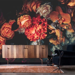 dunkler Hintergrund Blumen Tapete Wandbild, schälen und stick ablösbar Stoff vintage floral home decor,temporäre Tapete selbstklebend