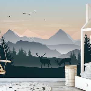 paesaggio murale della foresta di montagna, cervi e alberi montagne carta da parati rimovibile, buccia e bastone decorazione della camera dei bambini autoadesiva