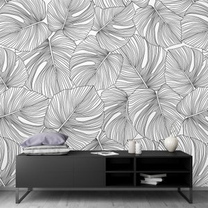 Carta da parati con foglie in bianco e nero Carta da parati con foglie tropicali Peel and Stick autoadesiva Minimal Modern rimovibile Wallpaper monstera decor