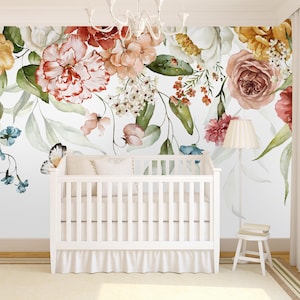 watercolor Bouquet border Flowers and Leaves removable wallpaper Floral Wall mural ,self adhesive Peel and Stick Nursery Wall Art Décor