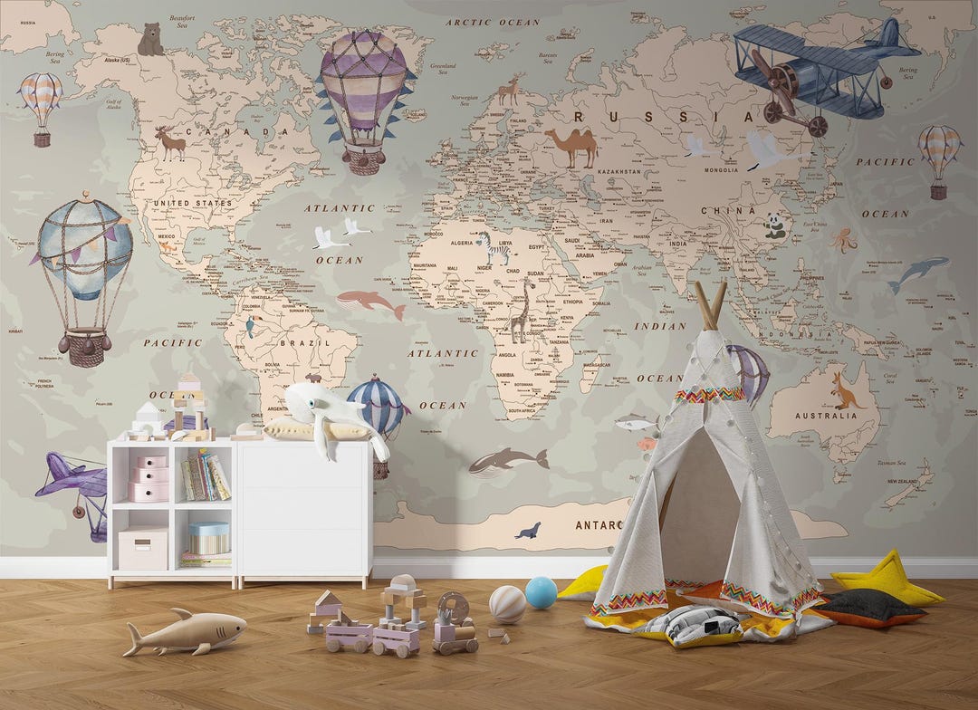 Vintage World Map Kids Wallpaper Mural, Hot Air Balloon Plane Wall ...