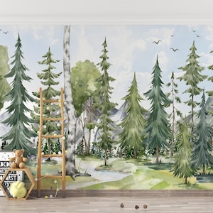 Watercolor Forest Wallpaper Mural: Peel & Stick Pine Tree Nursery Decal