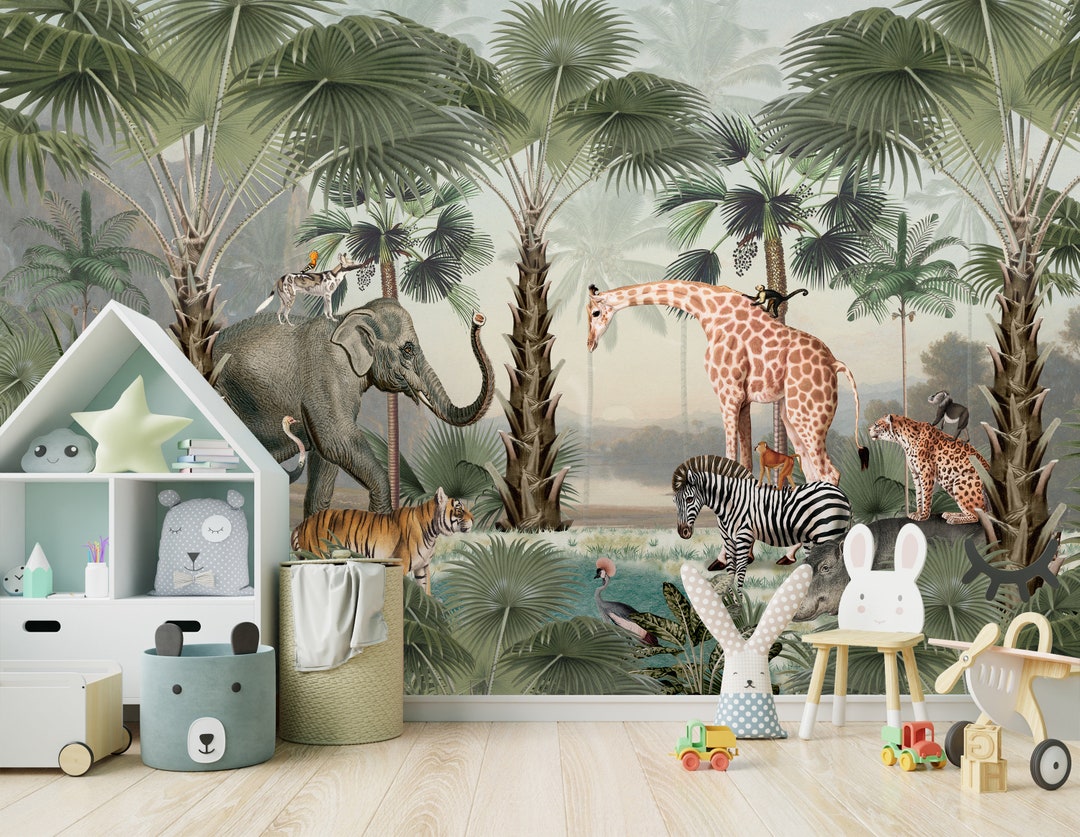 Watercolor Tropical Forest Animal Wallpaper - Peel and Stick Wall Mural ...