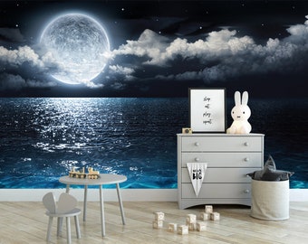 Night Sky Full Moon on sea Removable fabric Wallpaper Temporary Wallpaper-Peel Stick Wallpaper Self Adhesive nursery wall decor