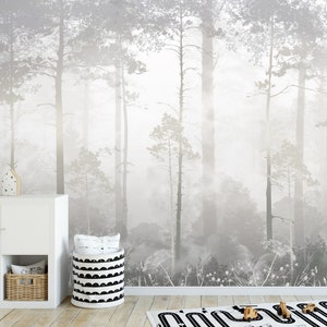 Forêt brumeuse dans le brouillard Papier peint amovible, papier peint forêt, décoration murale forêt boisée, papier peint auto-adhésif déco chambre
