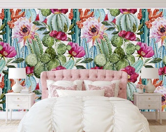 watercolor floral wallpaper Temporary wallpaper Self Adhesive Peel and Stick tropical flowers roses and cactus nursery for Bedroom Wallpaper