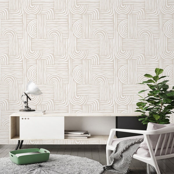 Beige Pastel boho Style  wallpaper abstract line brush wall decor Temporary wallpaper Self Adhesive Peel and Stick Modern wall muarl