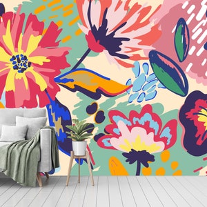 Grand papier peint amovible à motif floral coloré, autocollant, pelage et bâton, murale, impression murale plantes de la jungle