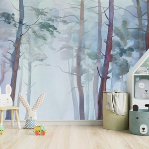 Watercolor Pine Trees Peel and Stick Wall Mural - Self Adhesive Nursery Wall Art Kids Woodland Scenic Removable Wallpaper