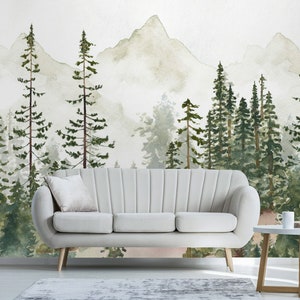 Watercolor Pine Forest Mural: Peel and Stick Wallpaper