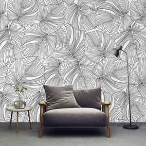 Black and White Leaves Wallpaper Tropical Leaves Mural Peel and Stick ...