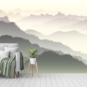 Mountain Mural Wallpaper,misty mountains in fog, Peel and Stick Wall Poster,fog mountains Nursery Wall art removable self adhesive